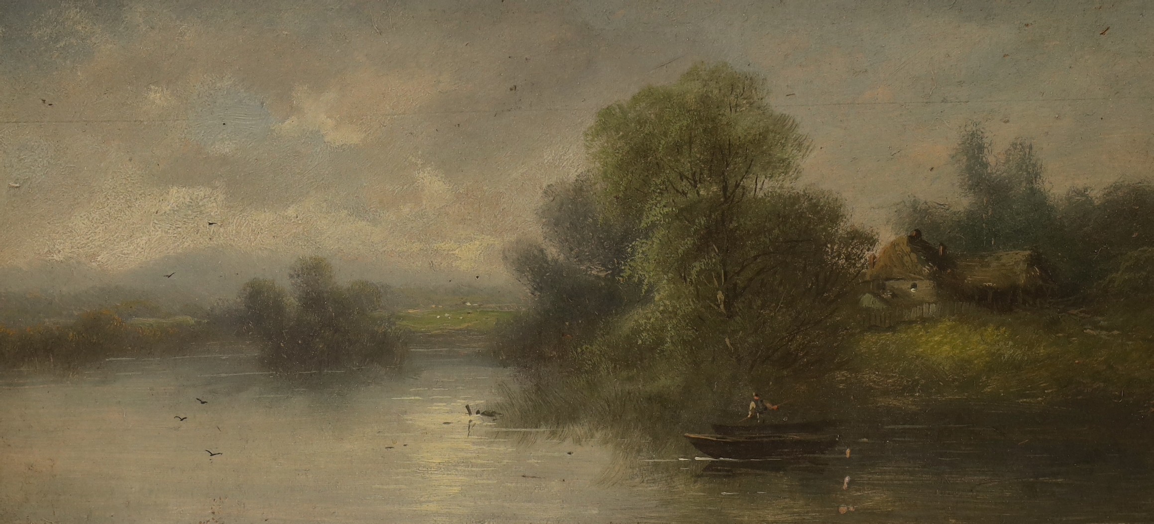 English School, early 20th century, two oil on boards, lake scenes, 29 x 62cm